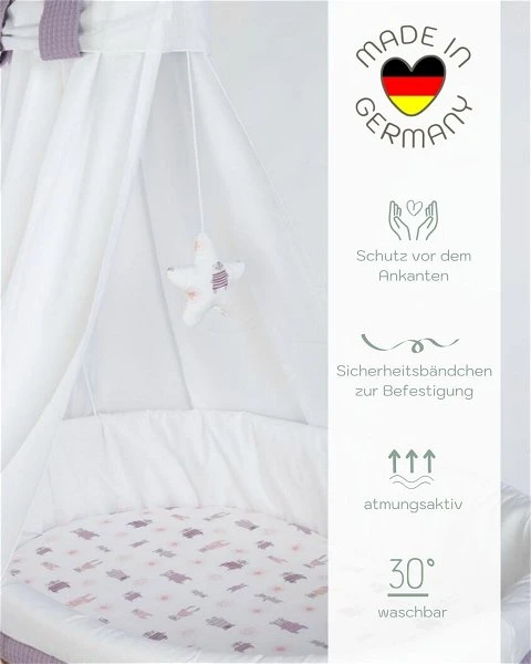 Mionido Stubenwagen Maxi Natur Pyjamabär Flieder Mit Garnierung, Matratze Und Matratzenbezug 6 Mionido Stubenwagen Maxi Natur Pyjamabär Flieder Mit Garnierung, Matratze Und Matratzenbezug – Bild 4