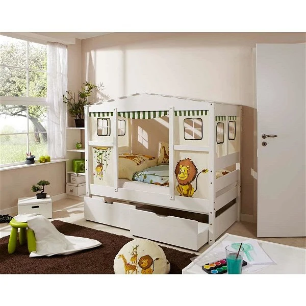 Ticaa Hausbett MINI Safari Kiefer 2 Schubkästen Weiß Massivholz - Dessin: Safari - 80 X 160 Cm 3 Ticaa Hausbett MINI Safari Kiefer 2 Schubkästen Weiß Massivholz - Dessin: Safari - 80 X 160 Cm
