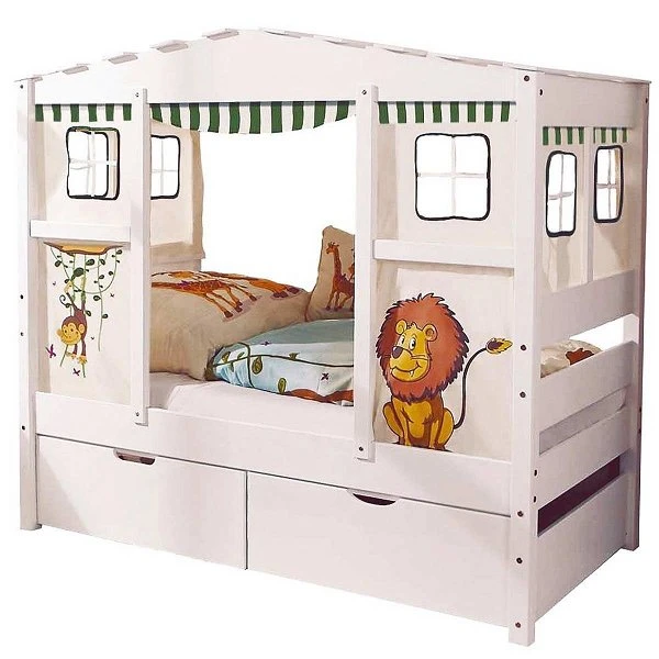 Ticaa Hausbett MINI Safari Kiefer 2 Schubkästen Weiß Massivholz - Dessin: Safari - 80 X 160 Cm 4 Ticaa Hausbett MINI Safari Kiefer 2 Schubkästen Weiß Massivholz - Dessin: Safari - 80 X 160 Cm – Bild 2