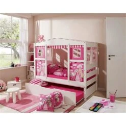 Ticaa Hausbett MINI Horse Rosa Kiefer - Bettkasten Weiß Massivholz - Dessin: Horse Rosa - 80 X 160 Cm