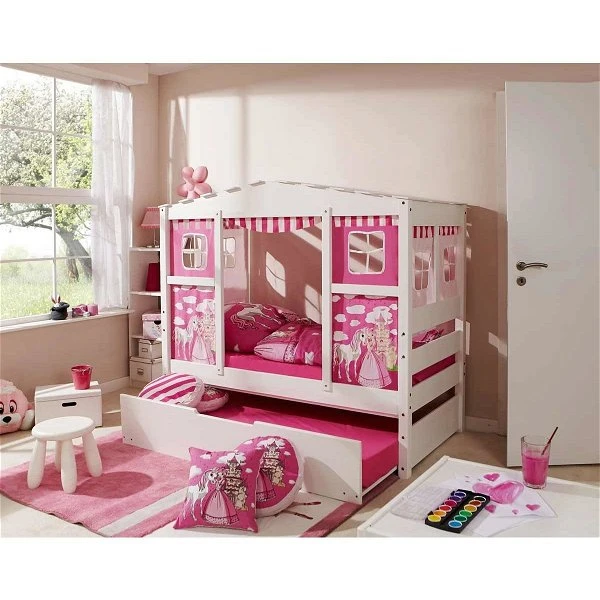 Ticaa Hausbett MINI Horse Rosa Kiefer - Bettkasten Weiß Massivholz - Dessin: Horse Rosa - 80 X 160 Cm 3 Ticaa Hausbett MINI Horse Rosa Kiefer - Bettkasten Weiß Massivholz - Dessin: Horse Rosa - 80 X 160 Cm