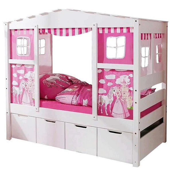 Ticaa Hausbett MINI Horse Rosa Kiefer Schubkästen Weiß Massivholz - Dessin: Horse Rosa - 80 X 160 Cm 4 Ticaa Hausbett MINI Horse Rosa Kiefer Schubkästen Weiß Massivholz - Dessin: Horse Rosa - 80 X 160 Cm – Bild 2