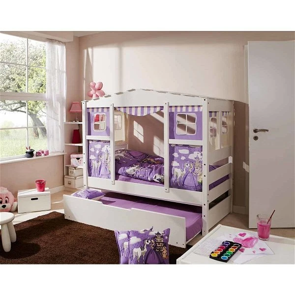 Ticaa Hausbett MINI Horse Lila Kiefer - Bettkasten Weiß Massivholz - Dessin: Horse Lila - 80 X 160 Cm 3 Ticaa Hausbett MINI Horse Lila Kiefer - Bettkasten Weiß Massivholz - Dessin: Horse Lila - 80 X 160 Cm