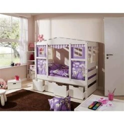 Ticaa Hausbett MINI Horse Lila Kiefer Schubkästen Weiß Massivholz - Dessin: Horse Lila - 80 X 160 Cm