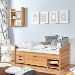 Ticaa Sofabett MINI Micki 3er Funktionsschubkasten Buche Massivholz - 80x160 Cm - Inkl. Matratze