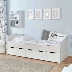 Ticaa Einzelbett Leni Weiß Mit 5er Schubkästen Massivholz - 90x200 Cm