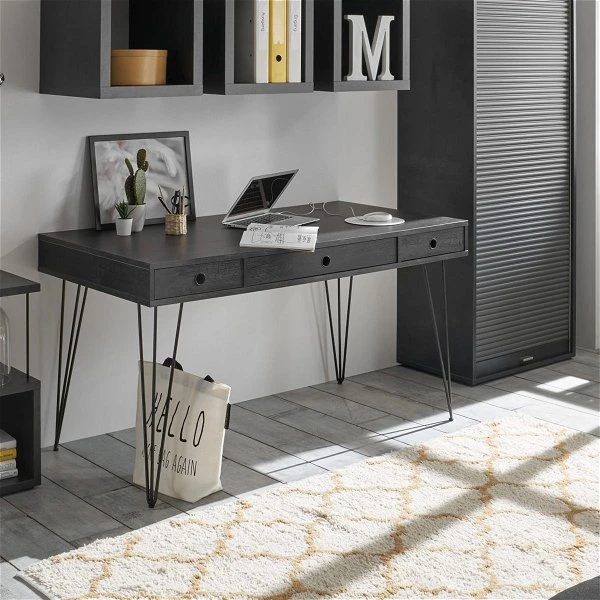 Mäusbacher Office Plus Schreibtisch - Drahtbeine 3 Schubladen | Schwarz Matt/flamed Wood Black 3 Mäusbacher Office Plus Schreibtisch - Drahtbeine 3 Schubladen | Schwarz Matt/flamed Wood Black