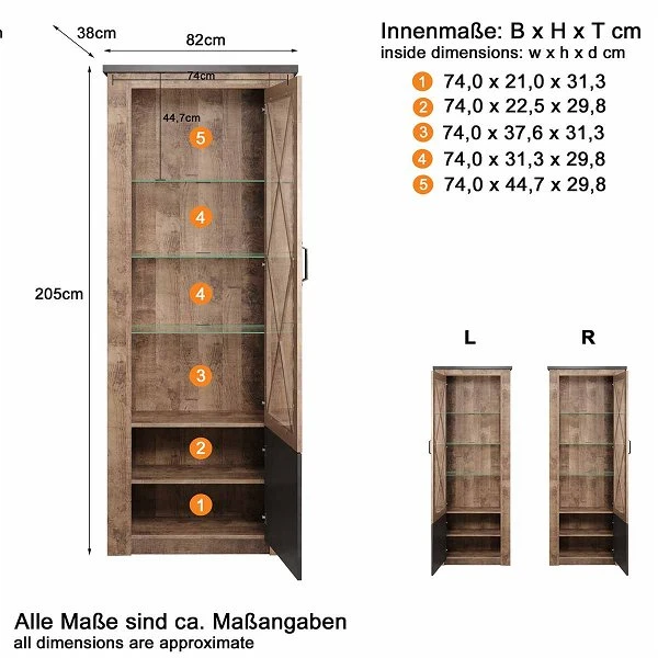 Trendteam Georgia Standvitrine Tabak Eiche/Matera 5 Trendteam Georgia Standvitrine Tabak Eiche/Matera – Bild 3