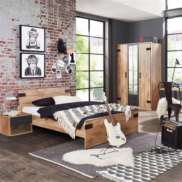 Wimex Liverpool Jugendzimmer 3-teilig Schrank 3-türig Bett 120cm Plankeneiche / Graphit 3 Wimex Liverpool Jugendzimmer 3-teilig Schrank 3-türig Bett 120cm Plankeneiche / Graphit