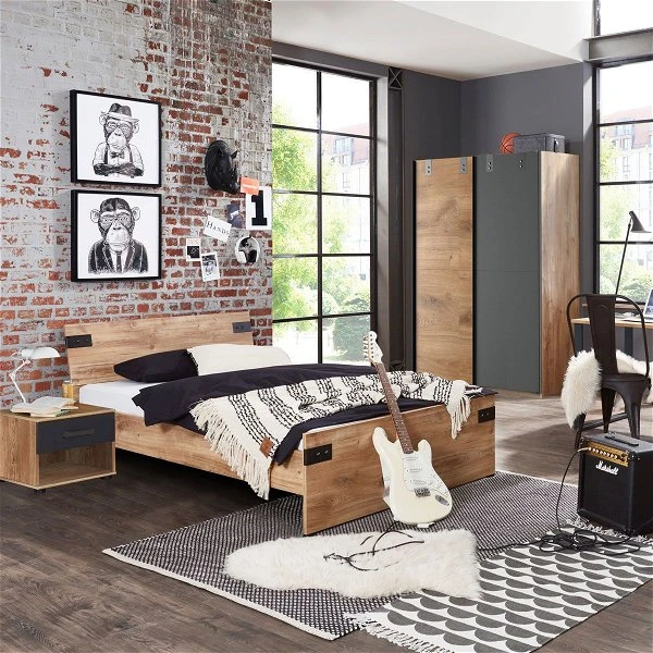 Wimex Liverpool Jugendzimmer 3-teilig Schiebeschrank Bett 90cm Plankeneiche / Graphit 3 Wimex Liverpool Jugendzimmer 3-teilig Schiebeschrank Bett 90cm Plankeneiche / Graphit