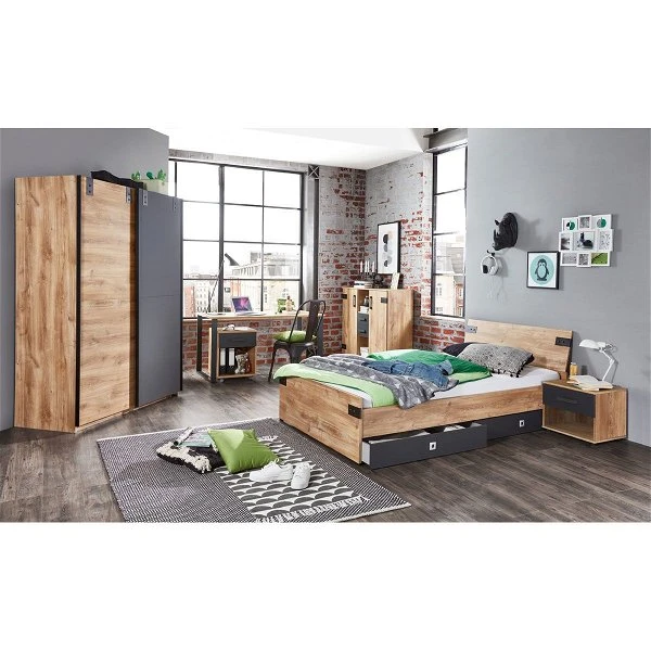 Wimex Liverpool Jugendzimmer 3-teilig Schiebeschr. Breit Bett 90cm Plankeneiche/Graphit 3 Wimex Liverpool Jugendzimmer 3-teilig Schiebeschr. Breit Bett 90cm Plankeneiche/Graphit