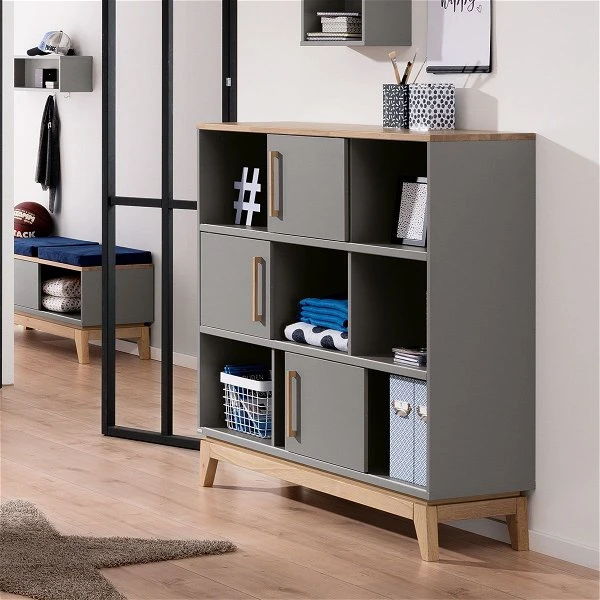 Paidi Sten Standregal 9 Fächer, 3 Schiebetüren Steingrau/Eiche Massiv 3 Paidi Sten Standregal 9 Fächer, 3 Schiebetüren Steingrau/Eiche Massiv