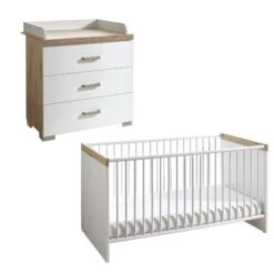 Transland Hilja Sparset Eiche-Bordeaux/kreideweiß Babybett 70x140 Cm & Wickelkommode